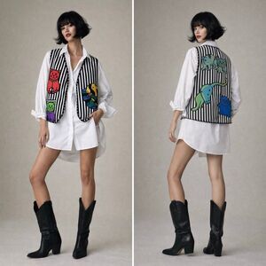 Silkscapes Cat Appliqué Vest Striped Novelty Art L Vintage 90s Whimsical Quirky